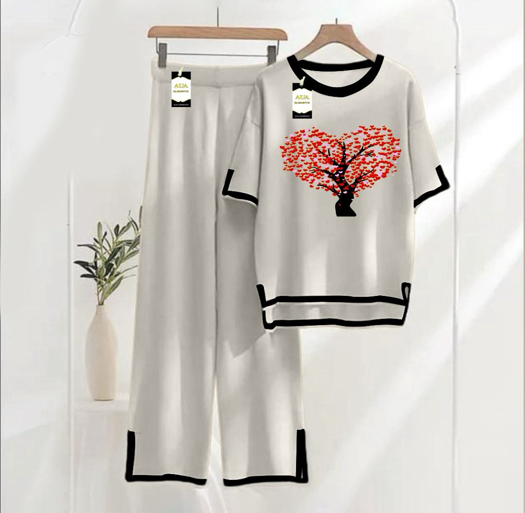 Women's Grey Tree Heart Printed Nightwear Set - Soft Summer Jersey Fabric, Short Sleeves, Contrast Piping Turkish Style | Comfortable Sleepwear by AUA Garment