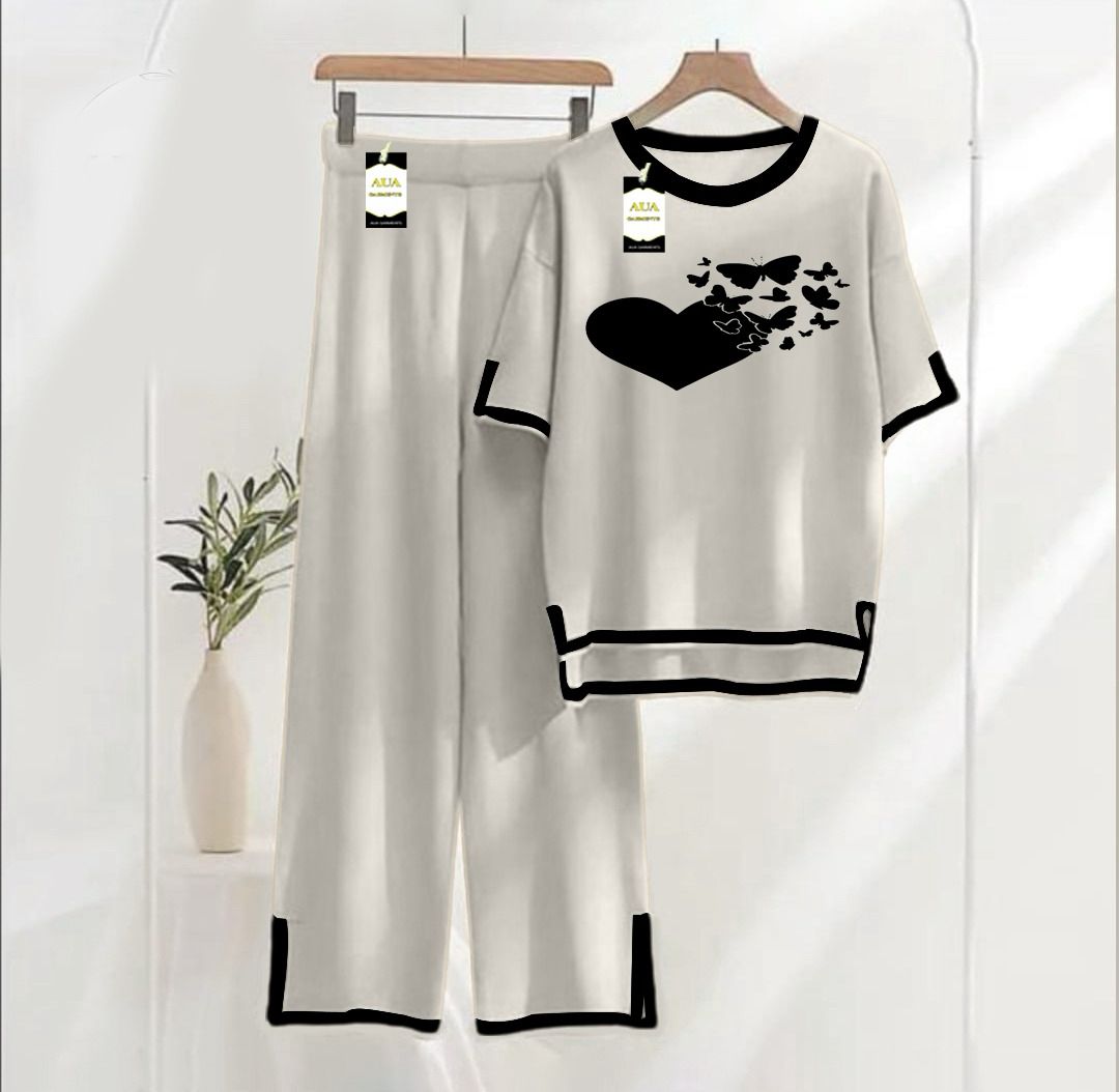 Women's Grey Heart Butterfly Printed Nightwear Set - Soft Summer Jersey Fabric, Short Sleeves, Contrast Piping Turkish Style | Comfortable Sleepwear by AUA Garment