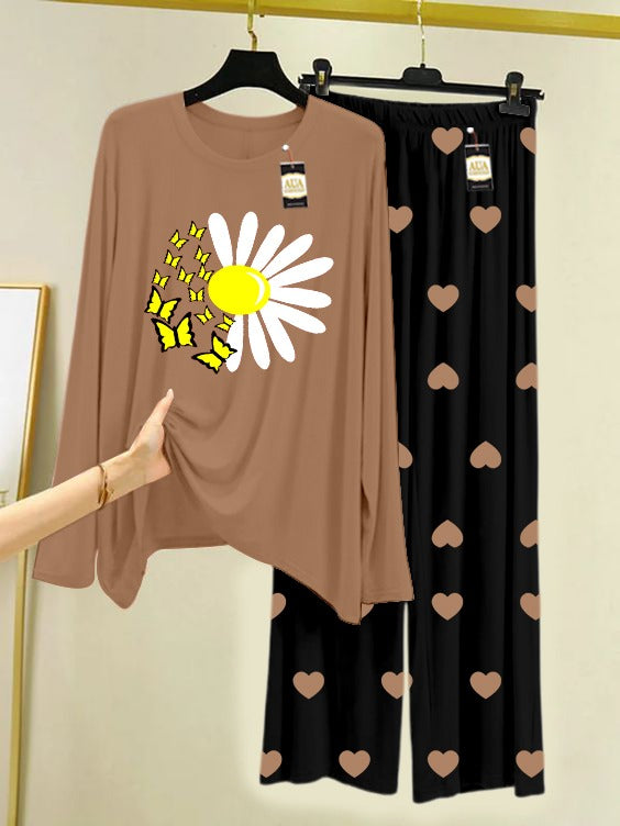 LIGHT BROWN SUNFLOWER Printed Nightwear Set with Black Mini Heart Printed Trousers – Women's Lounge Wear (006)