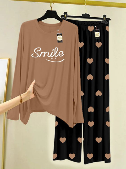 LIGHT BROWN SMILE Printed Nightwear Set with Black Mini Heart Printed Trousers – Women's Lounge Wear (006)