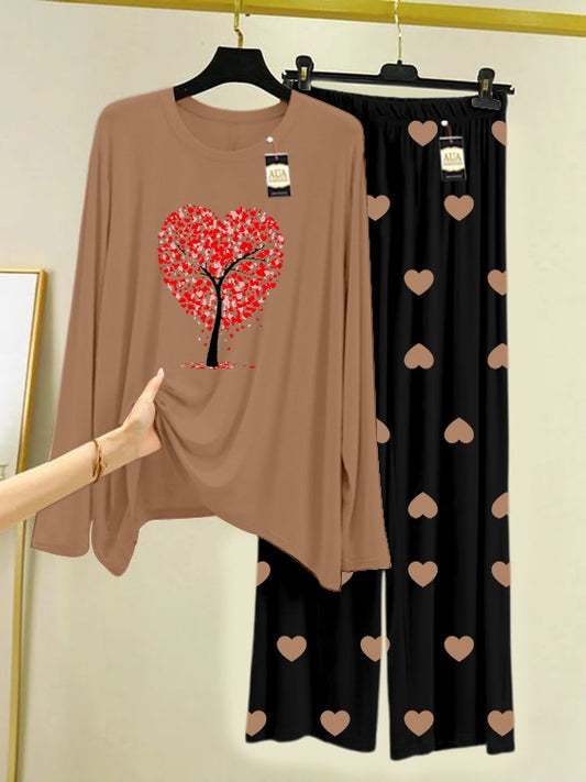 LIGHT BROWN RED TREE Printed Nightwear Set with Black Mini Heart Printed Trousers – Women's Lounge Wear (006)