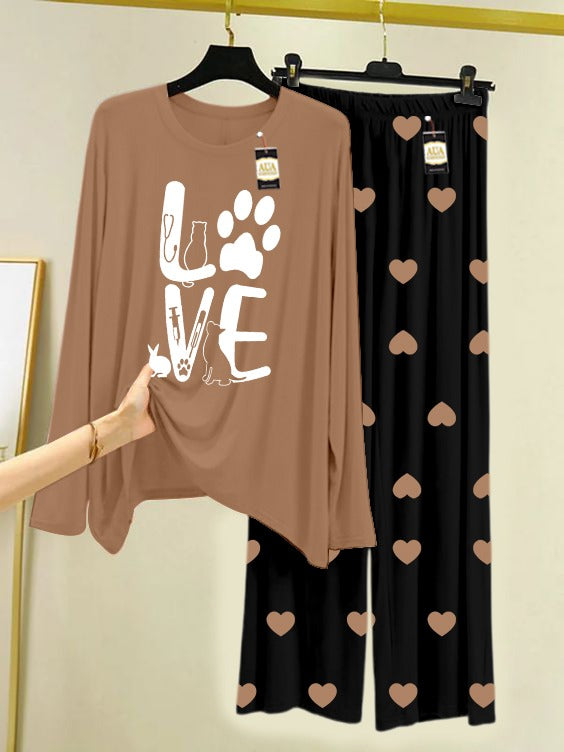 LIGHT BROWN LOVE Printed Nightwear Set with Black Mini Heart Printed Trousers – Women's Lounge Wear (006)