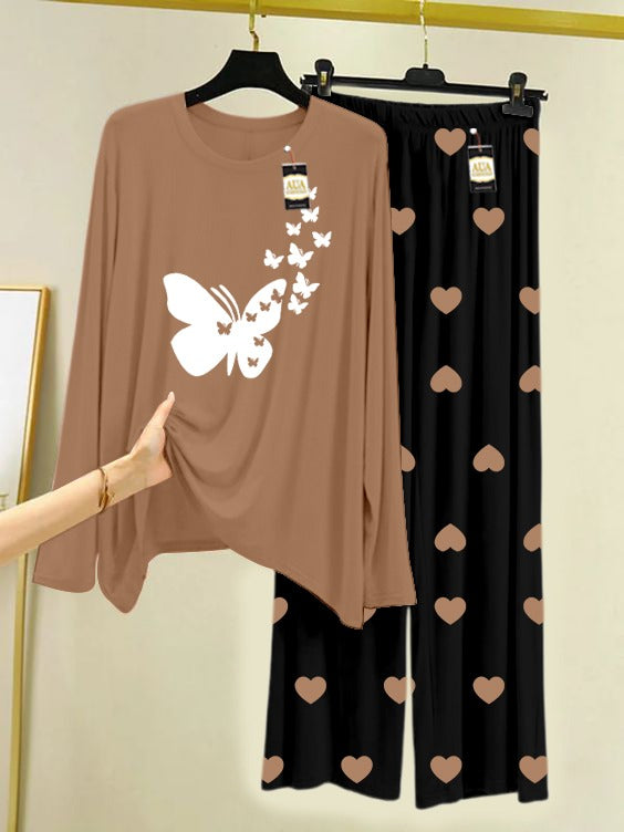 LIGHT BROWN FLYING BUTTERFLY Printed Nightwear Set with Black Mini Heart Printed Trousers – Women's Lounge Wear (006)