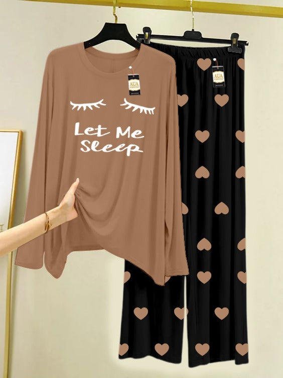 LIGHT BROWN LET ME SLEEP Printed Nightwear Set with Black Mini Heart Printed Trousers – Women's Lounge Wear (006)