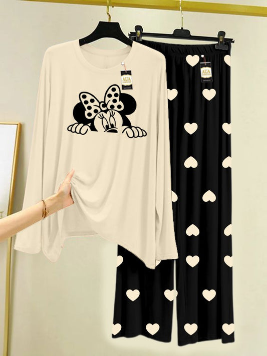 CREAM MICKEY Printed Nightwear Set with Black Mini Heart Printed Trousers – Women's Lounge Wear (006)