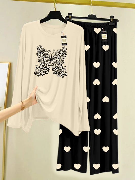 CREAM BUTTERFLY Printed Nightwear Set with Black Mini Heart Printed Trousers – Women's Lounge Wear (006)