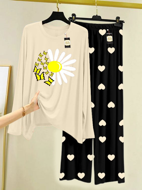 CREAM SUNFLOWER Printed Nightwear Set with Black Mini Heart Printed Trousers – Women's Lounge Wear (006)