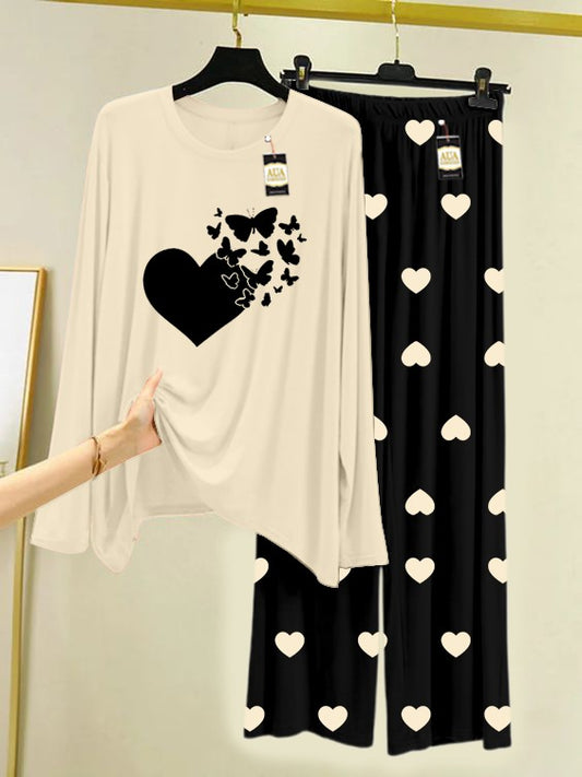 CREAM FLYING BUTTERFLY Printed Nightwear Set with Black Mini Heart Printed Trousers – Women's Lounge Wear (006)