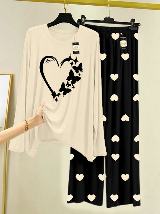 CREAM WOMEN HEART Printed Nightwear Set with Black Mini Heart Printed Trousers – Women's Lounge Wear (006)