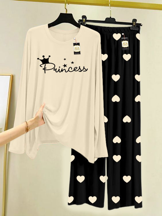 CREAM PRINCESS Printed Nightwear Set with Black Mini Heart Printed Trousers – Women's Lounge Wear (006)