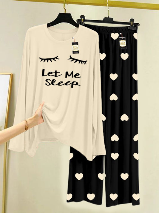 CREAM LET ME SLEEP Printed Nightwear Set with Black Mini Heart Printed Trousers – Women's Lounge Wear (006)