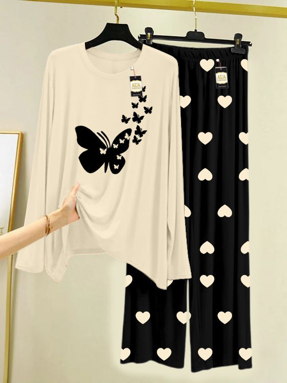 CREAM FLYING BUTTERFLUY Printed Nightwear Set with Black Mini Heart Printed Trousers – Women's Lounge Wear (006)