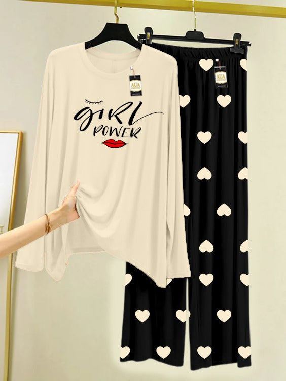 CREAM GIRLS POWER Printed Nightwear Set with Black Mini Heart Printed Trousers – Women's Lounge Wear (006)