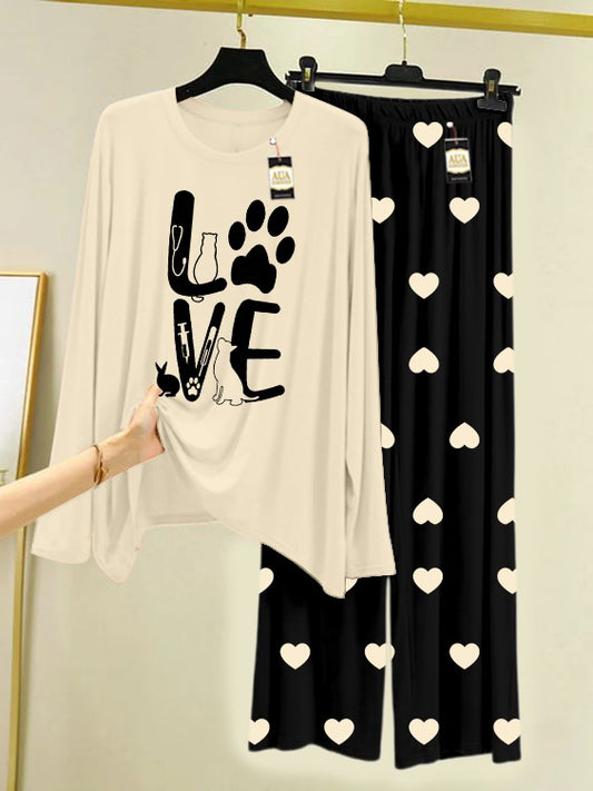 CREAM LOVE Printed Nightwear Set with Black Mini Heart Printed Trousers – Women's Lounge Wear (006)