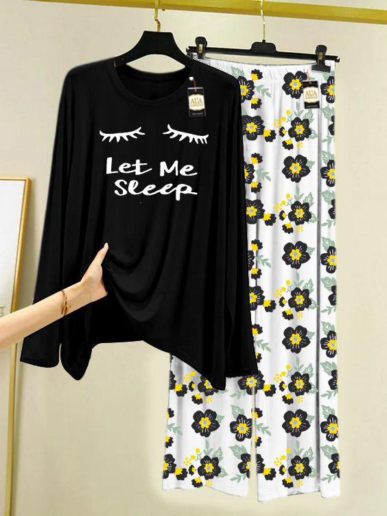 BLACK LET ME SLEEP Printed Nightwear Set with Flower Printed Trousers – Women's Lounge Wear (005)