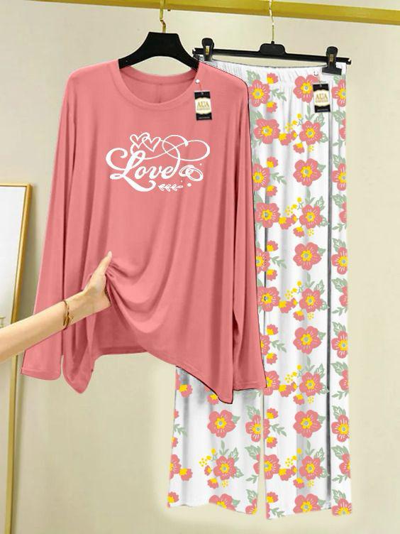 PEACH LOVE Printed Nightwear Set with Flower Printed Trousers – Women's Lounge Wear (005)