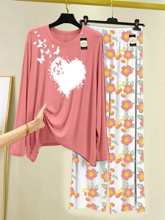 PEACH FLYING BUTTERFLY HEART Printed Nightwear Set with Flower Printed Trousers – Women's Lounge Wear (005)