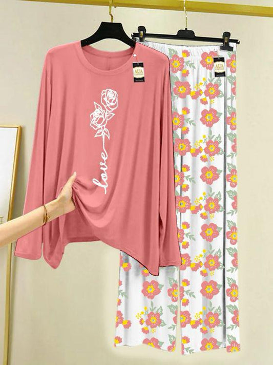 PEACH ROSE LOVE Printed Nightwear Set with Flower Printed Trousers – Women's Lounge Wear (005)