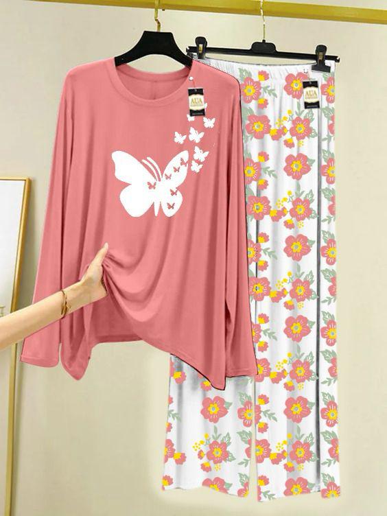 PEACH FLYING BUTTERFLY Printed Nightwear Set with Flower Printed Trousers – Women's Lounge Wear (005)