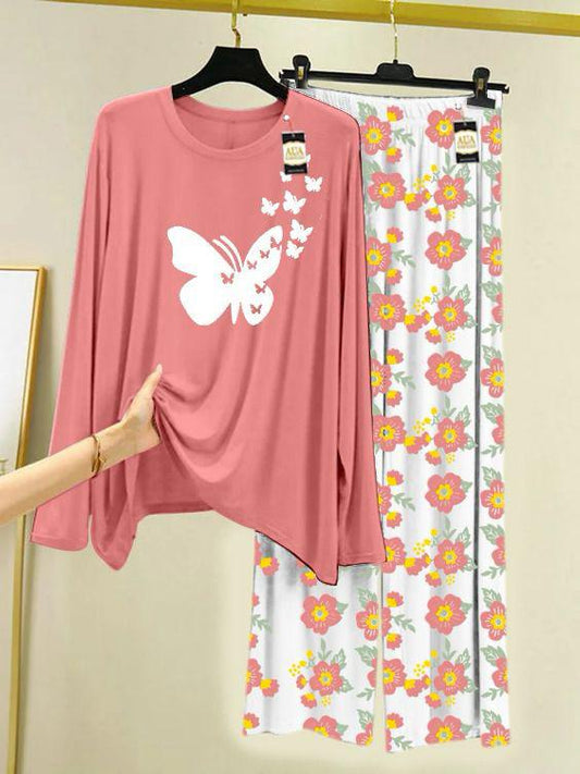 PEACH FLYING BUTTERFLY Printed Nightwear Set with Flower Printed Trousers – Women's Lounge Wear (005)