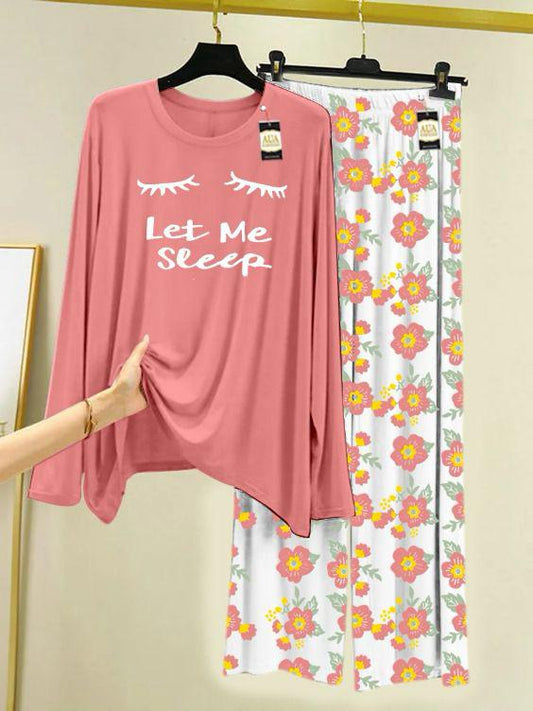 PEACH LET ME SLEEP Printed Nightwear Set with Flower Printed Trousers – Women's Lounge Wear (005)