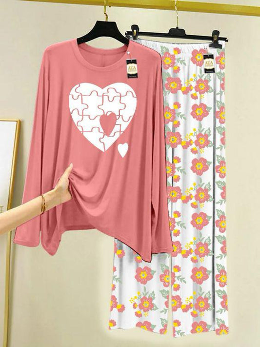 PEACH PUZZEL HEART Printed Nightwear Set with Flower Printed Trousers – Women's Lounge Wear (005)