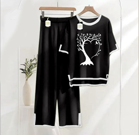 Women's Black New Tree Heart Printed Nightwear Set - Soft Summer Jersey Fabric, Short Sleeves, Contrast Piping Turkish Style | Comfortable Sleepwear by AUA Garments