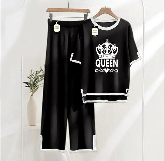 Women's Black Queen Printed Nightwear Set - Soft Summer Jersey Fabric, Short Sleeves, Contrast Piping Turkish Style | Comfortable Sleepwear by AUA Garments