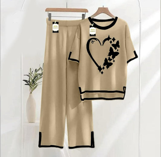 Women's Beige Women Heart Printed Nightwear Set - Soft Summer Jersey Fabric, Short Sleeves, Contrast Piping Turkish Style | Comfortable Sleepwear by AUA Garments