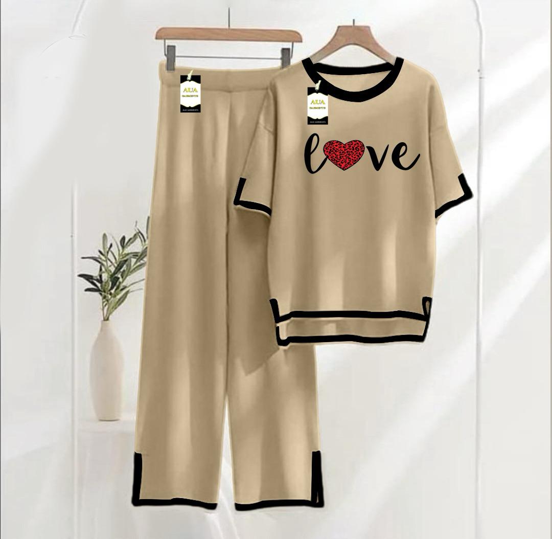 Women's Beige Love Printed Nightwear Set - Soft Summer Jersey Fabric, Short Sleeves, Contrast Piping Turkish Style | Comfortable Sleepwear by AUA Garments