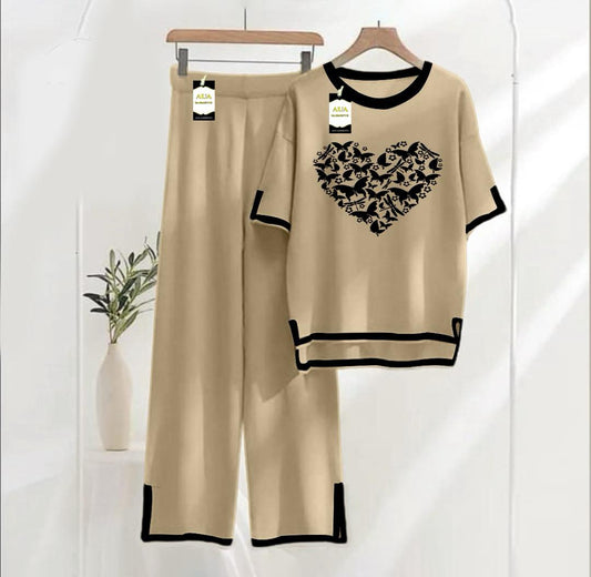 Women's Beige Heart Printed Nightwear Set - Soft Summer Jersey Fabric, Short Sleeves, Contrast Piping Turkish Style | Comfortable Sleepwear by AUA Garments