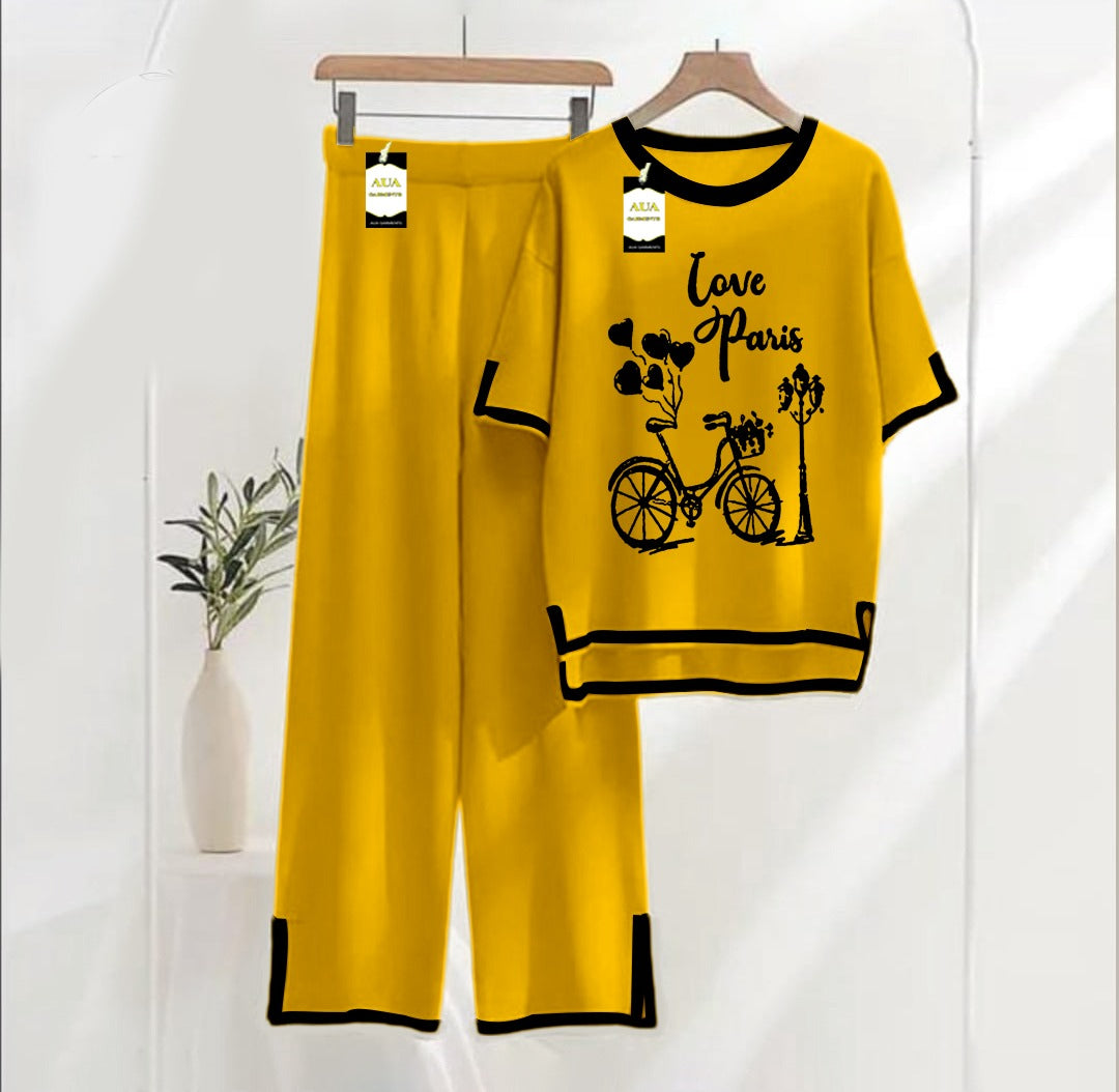 Women's Mustard Love Paris Printed Nightwear Set - Soft Summer Jersey Fabric, Short Sleeves, Contrast Piping Turkish Style | Comfortable Sleepwear by AUA Garments