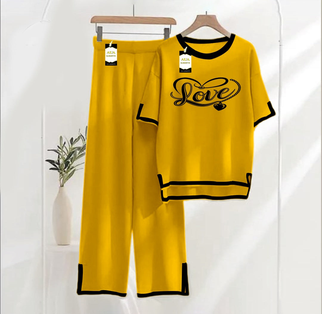 Women's Mustard Love Printed Nightwear Set - Soft Summer Jersey Fabric, Short Sleeves, Contrast Piping Turkish Style | Comfortable Sleepwear by AUA Garments