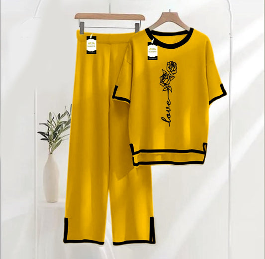 Women's Mustard Rose Love Printed Nightwear Set - Soft Summer Jersey Fabric, Short Sleeves, Contrast Piping Turkish Style | Comfortable Sleepwear by AUA Garments