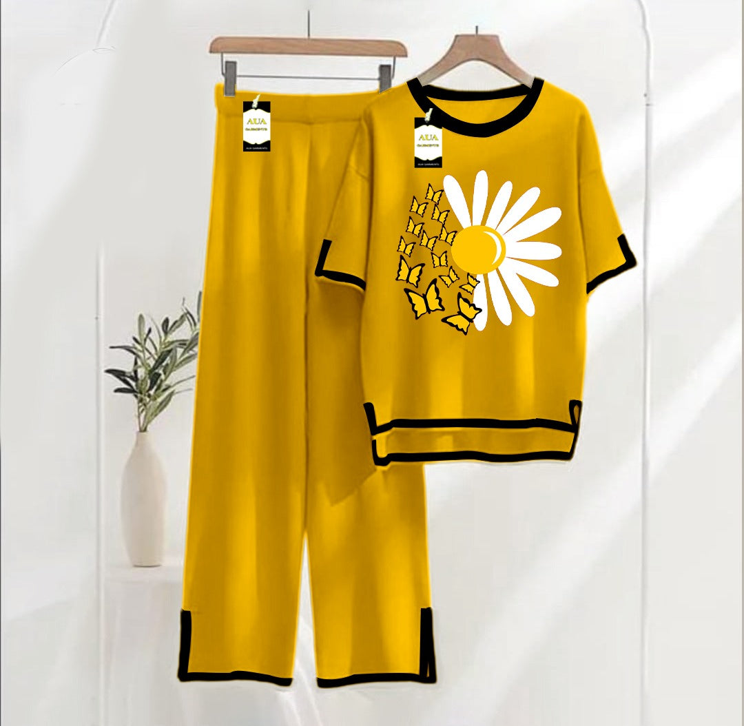 Women's Mustard Flower Printed Nightwear Set - Soft Summer Jersey Fabric, Short Sleeves, Contrast Piping Turkish Style | Comfortable Sleepwear by AUA Garments