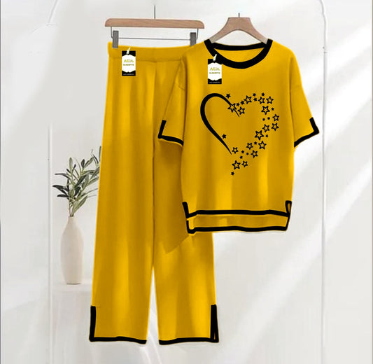 Women's Mustard Star Heart Printed Nightwear Set - Soft Summer Jersey Fabric, Short Sleeves, Contrast Piping Turkish Style | Comfortable Sleepwear by AUA Garments