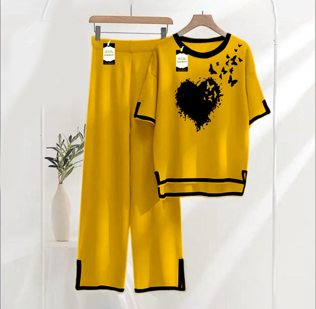 Women's Mustard Heart Flying Butterflies Printed Nightwear Set - Soft Summer Jersey Fabric, Short Sleeves, Contrast Piping Turkish Style | Comfortable Sleepwear by AUA Garments