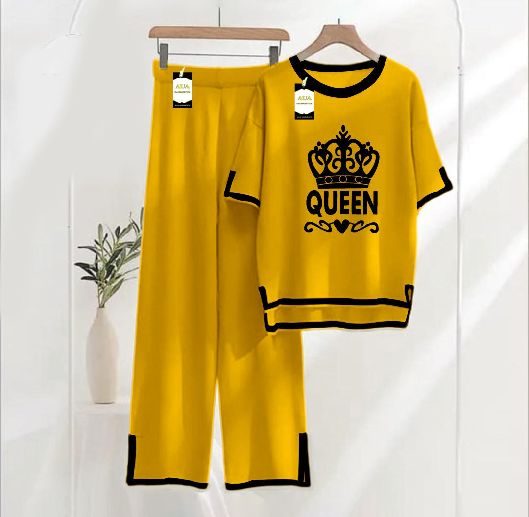 Women's Mustard Queen Printed Nightwear Set - Soft Summer Jersey Fabric, Short Sleeves, Contrast Piping Turkish Style | Comfortable Sleepwear by AUA Garments