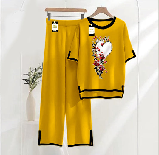 Women's Mustard Rose Heart Printed Nightwear Set - Soft Summer Jersey Fabric, Short Sleeves, Contrast Piping Turkish Style | Comfortable Sleepwear by AUA Garments