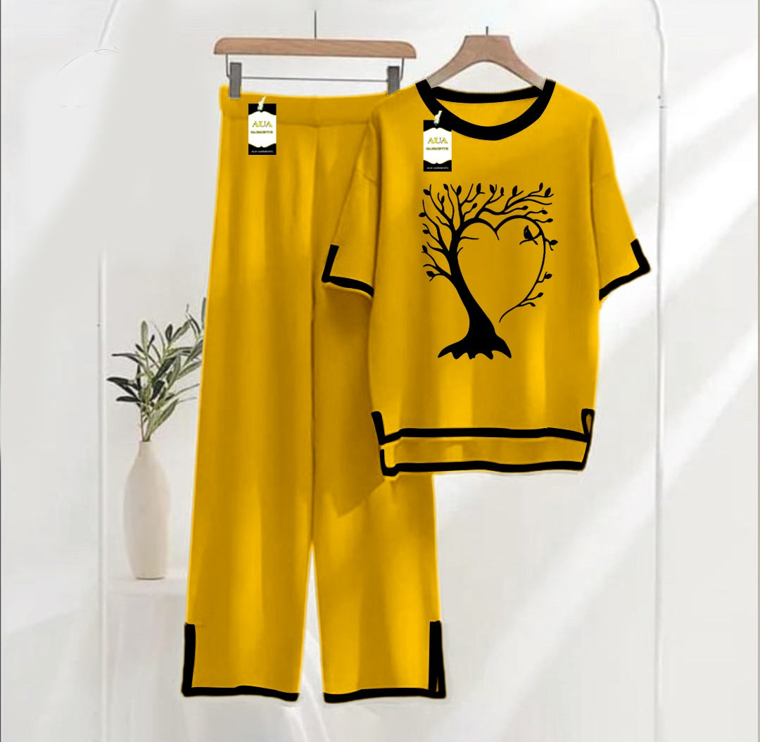 Women's Mustard Tree Heart Printed Nightwear Set - Soft Summer Jersey Fabric, Short Sleeves, Contrast Piping Turkish Style | Comfortable Sleepwear by AUA Garments