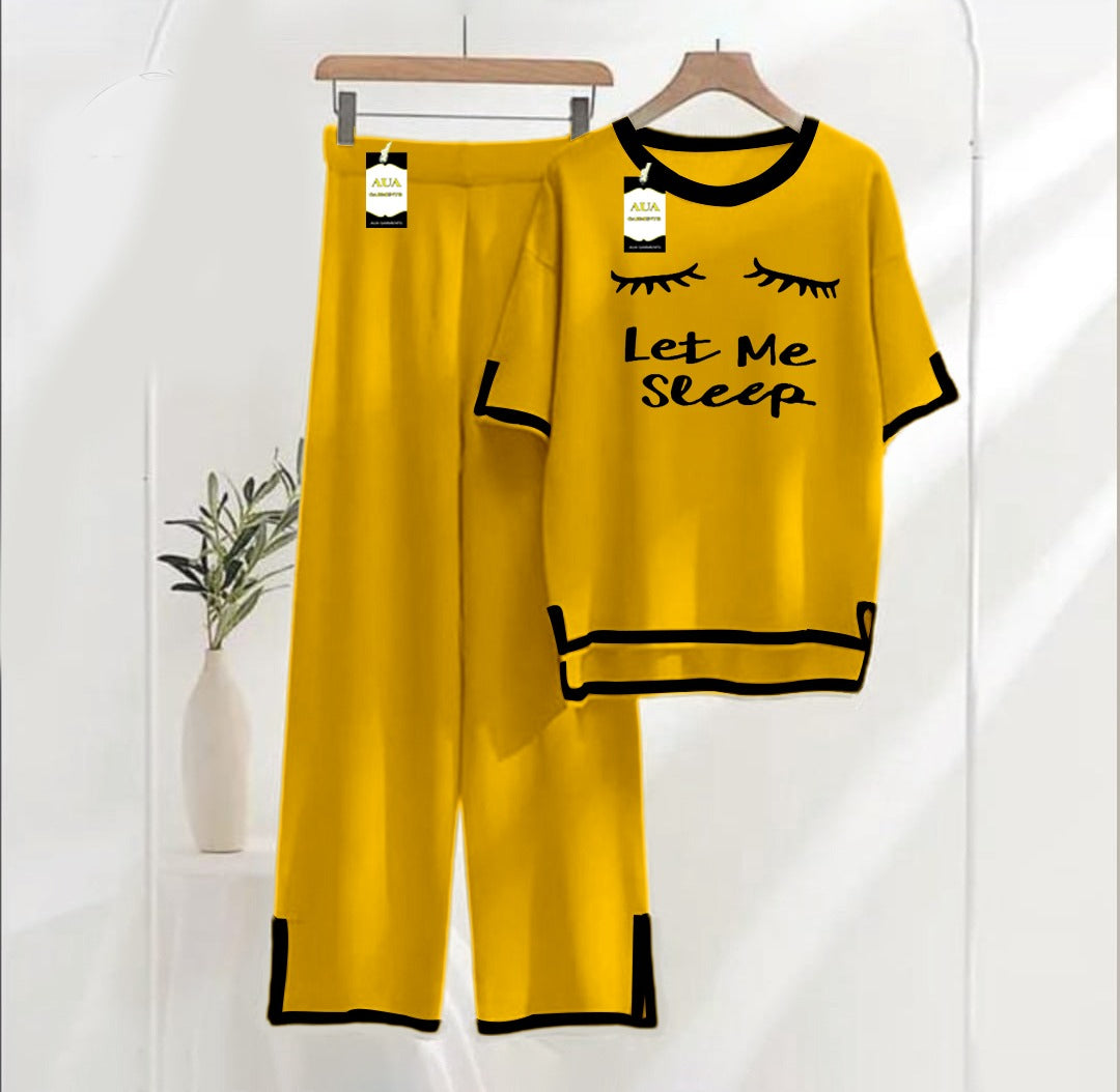 Women's Mustard Let Me Sleep Printed Nightwear Set - Soft Summer Jersey Fabric, Short Sleeves, Contrast Piping Turkish Style | Comfortable Sleepwear by AUA Garments