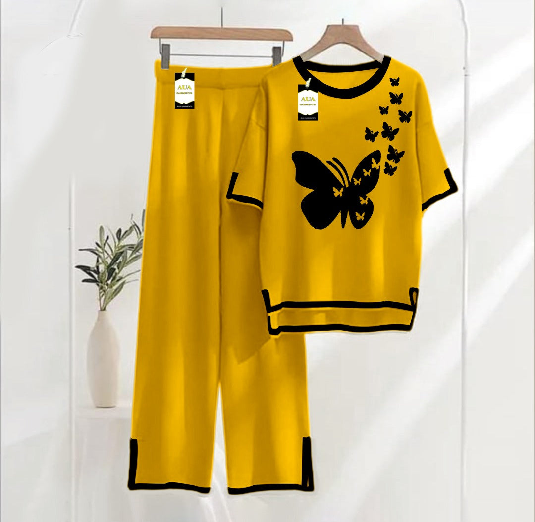 Women's Mustard Flying Butterflies Printed Nightwear Set - Soft Summer Jersey Fabric, Short Sleeves, Contrast Piping Turkish Style | Comfortable Sleepwear by AUA Garments