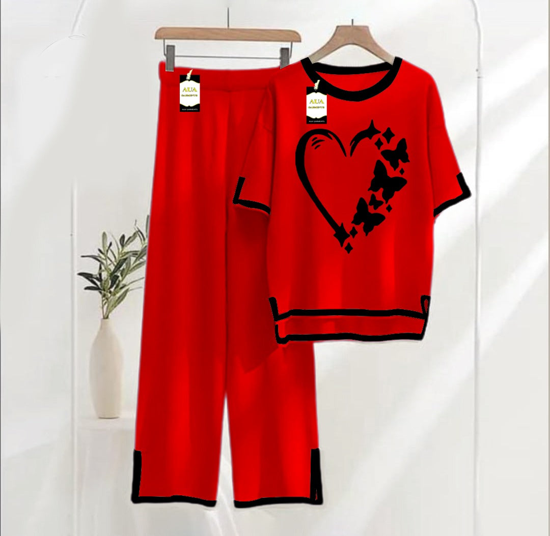 Women's Red Women Heart Printed Nightwear Set - Soft Summer Jersey Fabric, Short Sleeves, Contrast Piping Turkish Style | Comfortable Sleepwear by AUA Garment