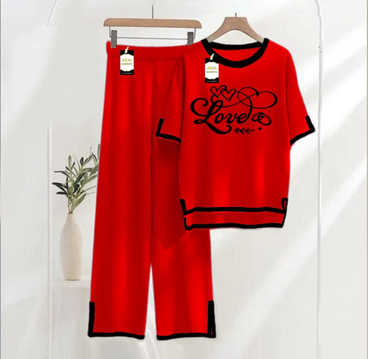 Women's Red Love Printed Nightwear Set - Soft Summer Jersey Fabric, Short Sleeves, Contrast Piping Turkish Style | Comfortable Sleepwear by AUA Garment