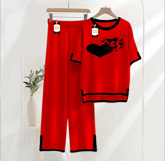 Women's Red Hello Sunshine Printed Nightwear Set - Soft Summer Jersey Fabric, Short Sleeves, Contrast Piping Turkish Style | Comfortable Sleepwear by AUA Garments