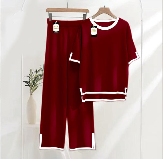 Women's Maroon Plain Nightwear Set - Soft Summer Jersey Fabric, Short Sleeves, Contrast Piping Turkish Style | Comfortable Sleepwear by AUA Garments