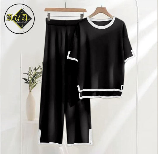 Women's Black Plain Nightwear Set - Soft Summer Jersey Fabric, Short Sleeves, Contrast Piping Turkish Style | Comfortable Sleepwear by AUA Garments