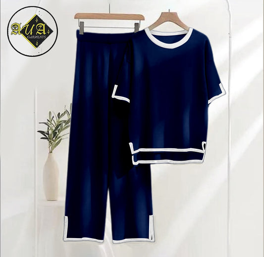 Women's Navy Blue Plain Nightwear Set - Soft Summer Jersey Fabric, Short Sleeves, Contrast Piping Turkish Style | Comfortable Sleepwear by AUA Garments