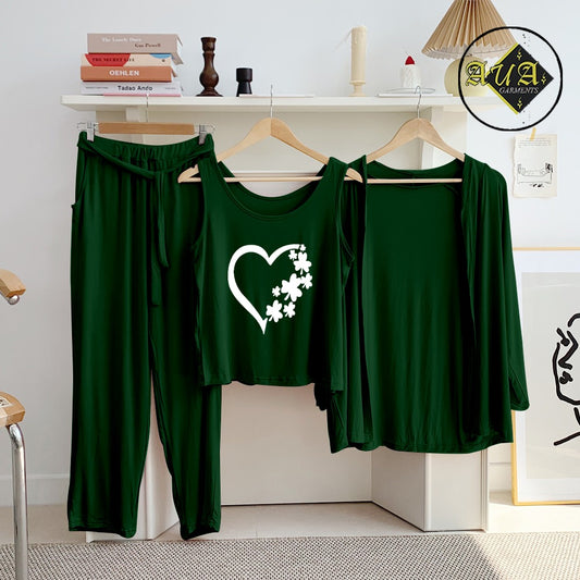 T Green Flower Heart  3 Piece Lounge wear Nightwear Sleepwear For Women