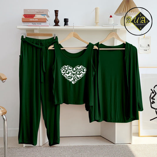 T Green Butterfly 3 Piece Lounge wear Nightwear Sleepwear For Women